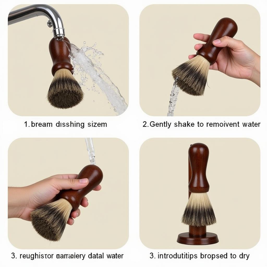 Proper care and storage of a horse hair shave brush, including rinsing, shaking, and drying in a stand.