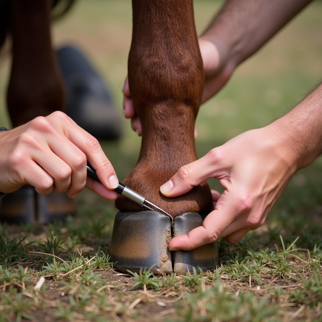 Cleaning Horse Hoof Before Applying Corona Ointment