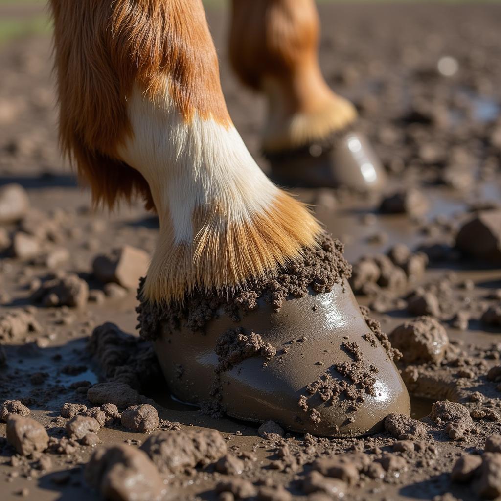 Horse hoof hair covered in mud, demonstrating its role in protecting the coronary band in challenging environments.