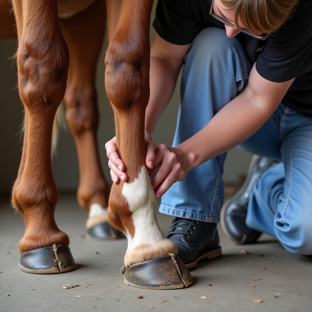 Veterinarian examining a horse's hoof for signs of infection.