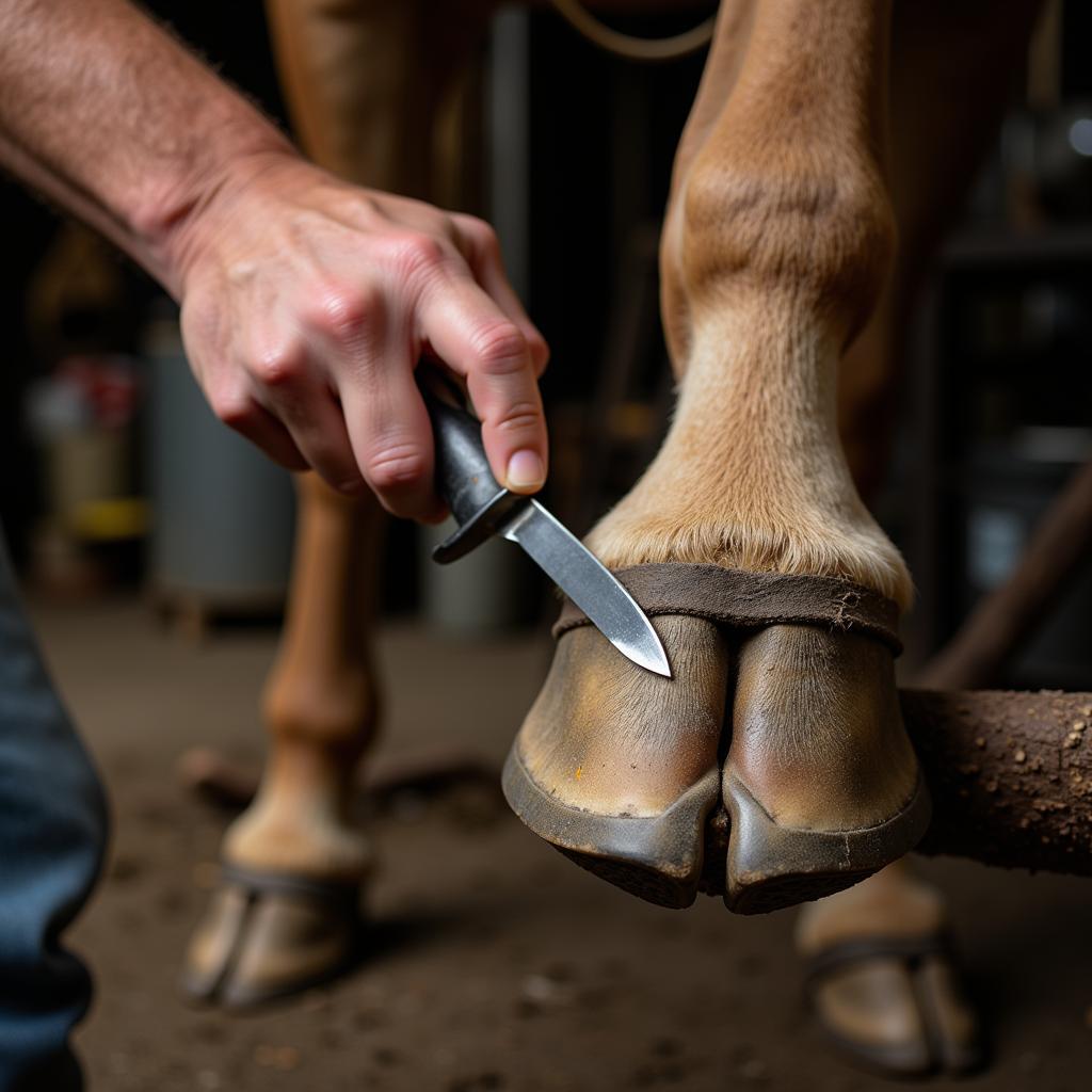 Trimming a Horse Hoof with a Knife