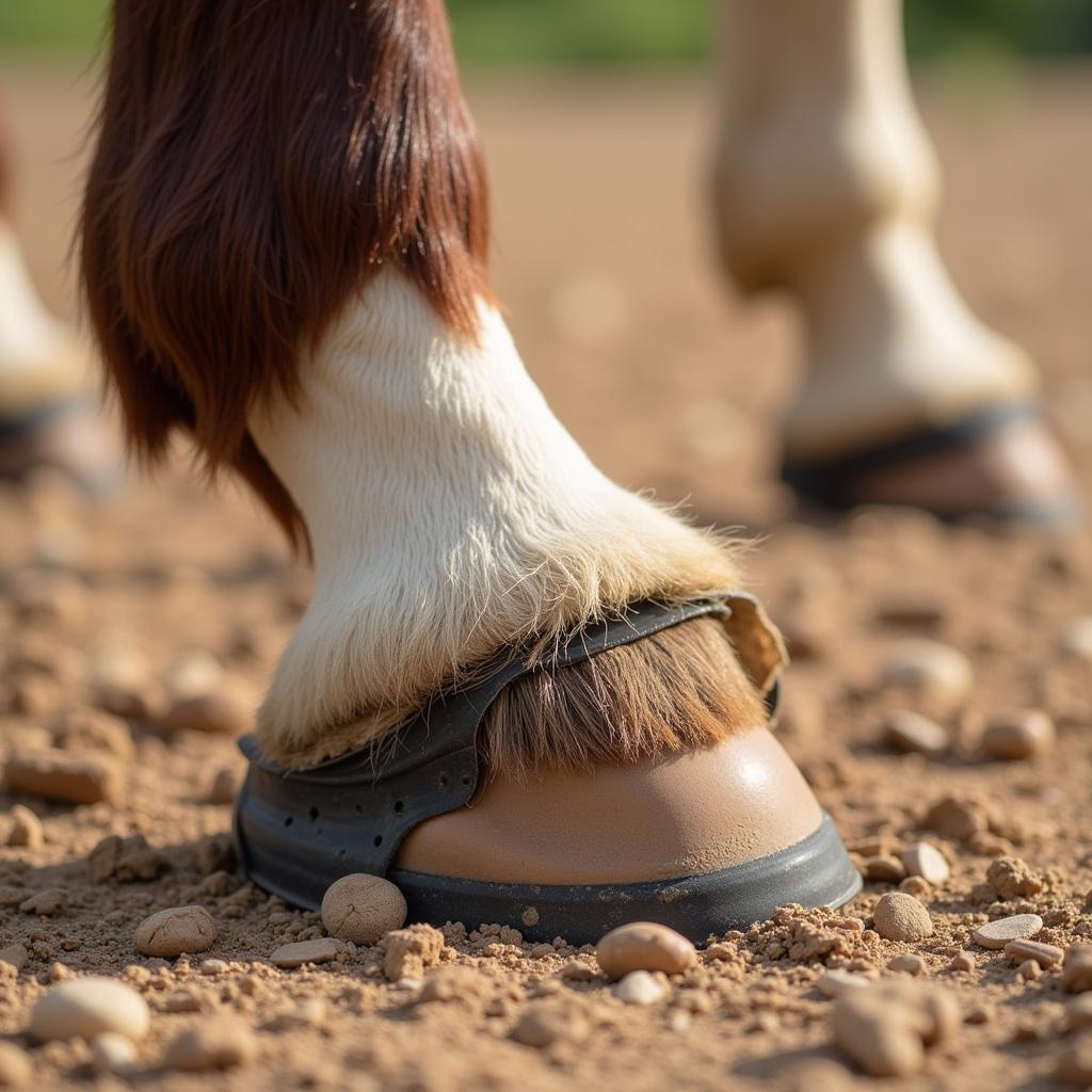 Horse hoof with a newly applied shoe and pad