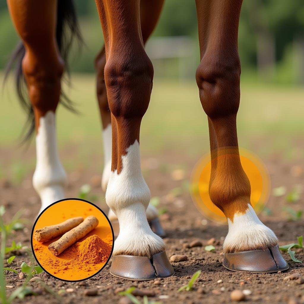 A horse's leg showing signs of joint inflammation, highlighting the areas where turmeric can provide relief.