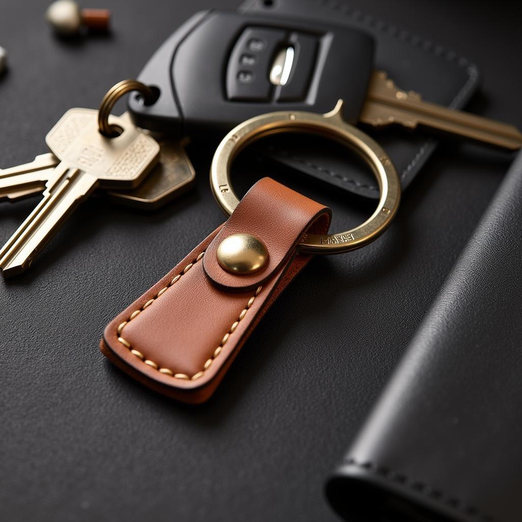 A horse leather keychain attached to a set of keys, demonstrating its practical use and stylish appearance.