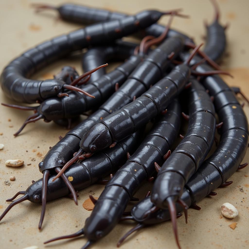 Close-up of horse leeches showing their segmented bodies and suckers