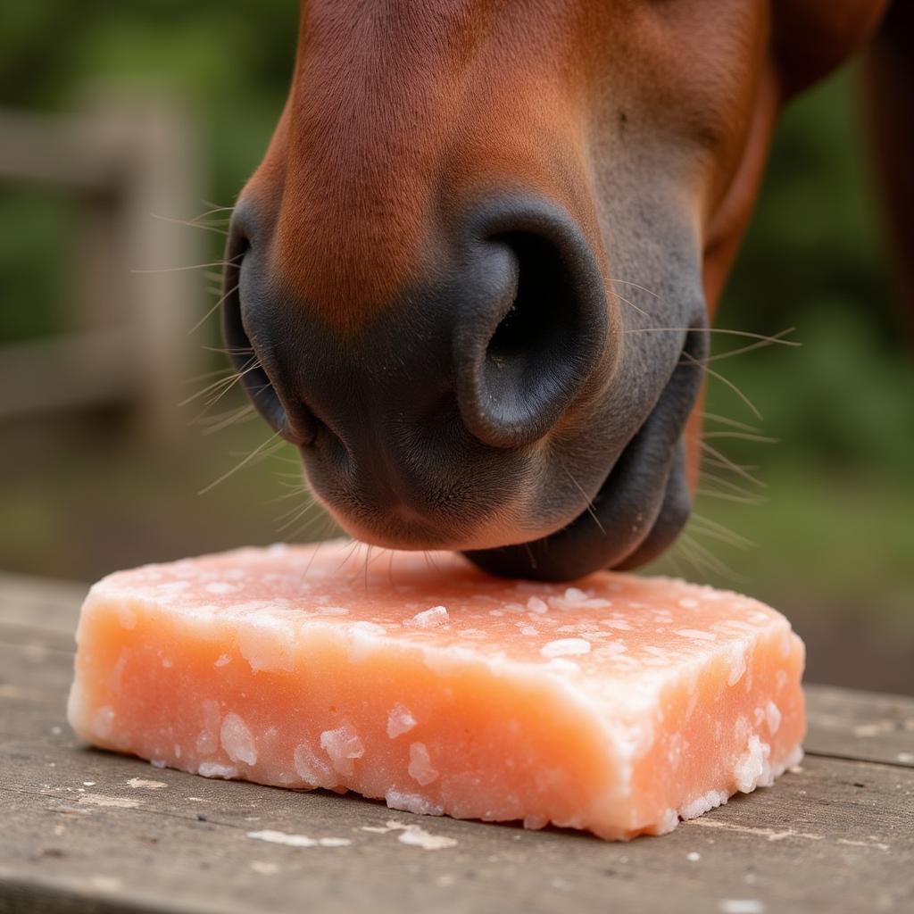 Horse licking a Himalayan salt block