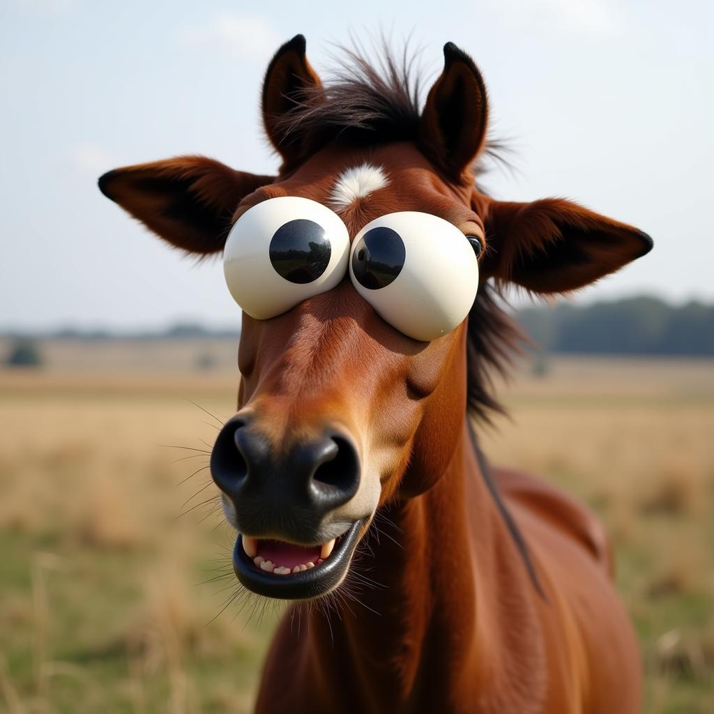 A horse with a comically confused expression looking directly at the camera.