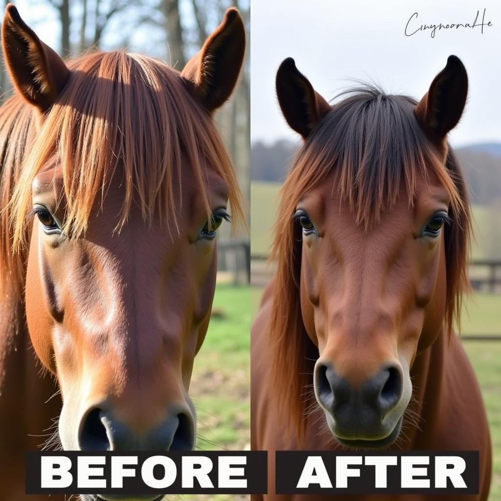 Before and after horse mane banding: Showing a long, unruly mane transformed into a neat, banded mane.