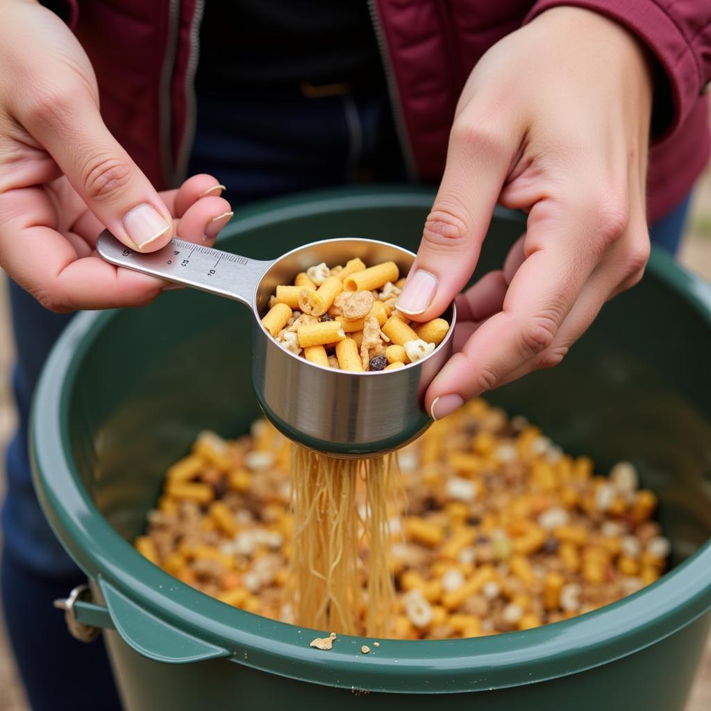 Horse owner using a pasta measurer to accurately portion horse feed.