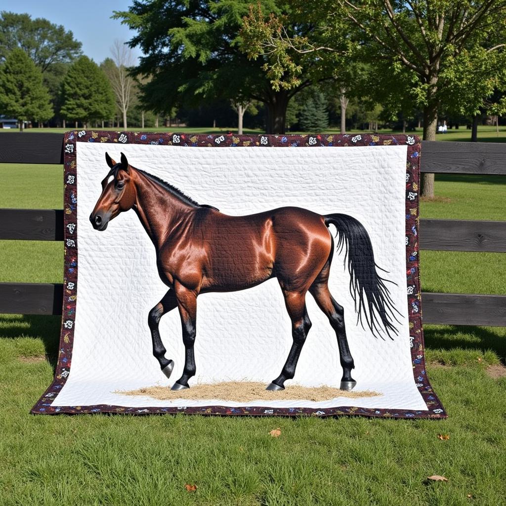 Finished Horse Quilt Draped Over a Fence