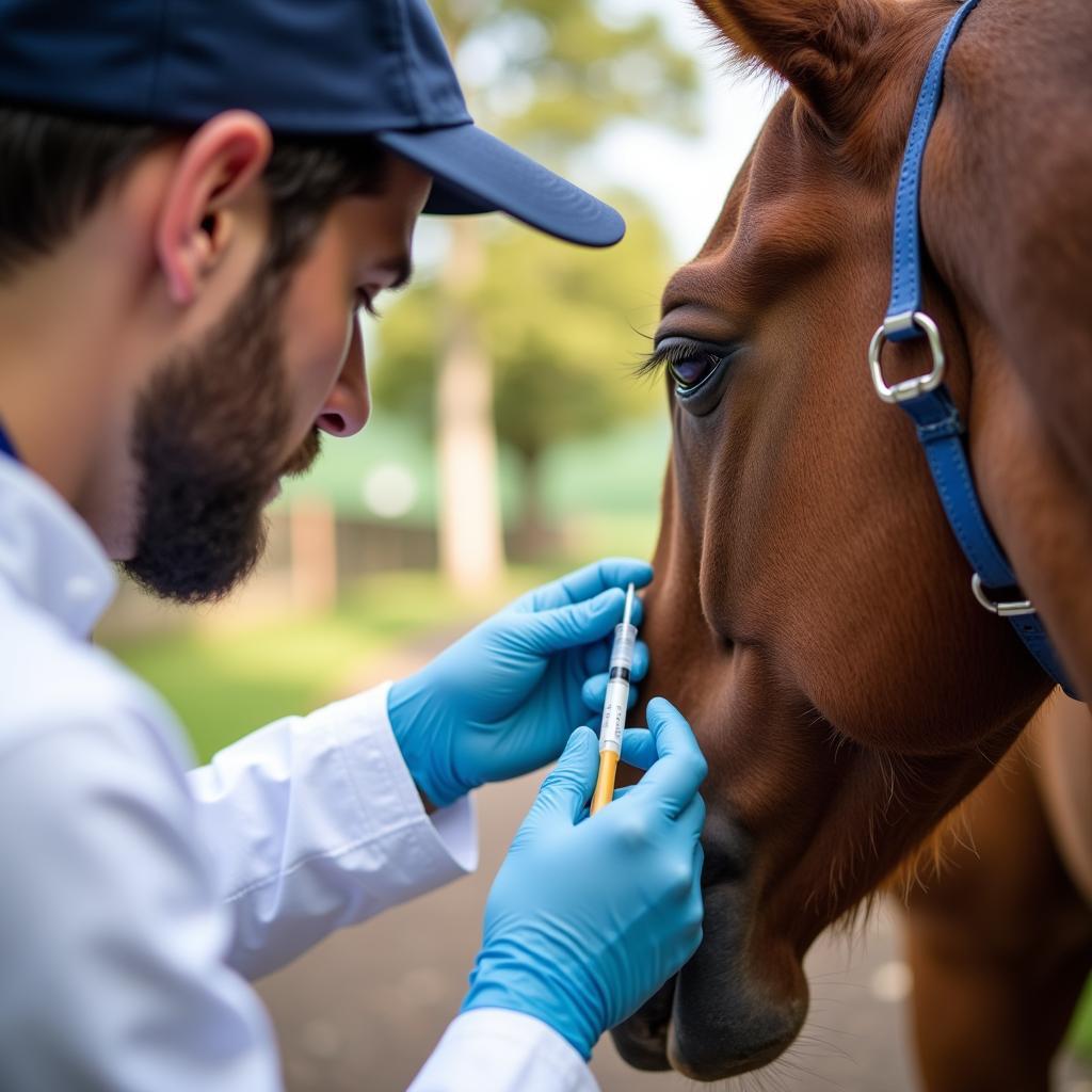 Horse receiving antibiotics under vet supervision