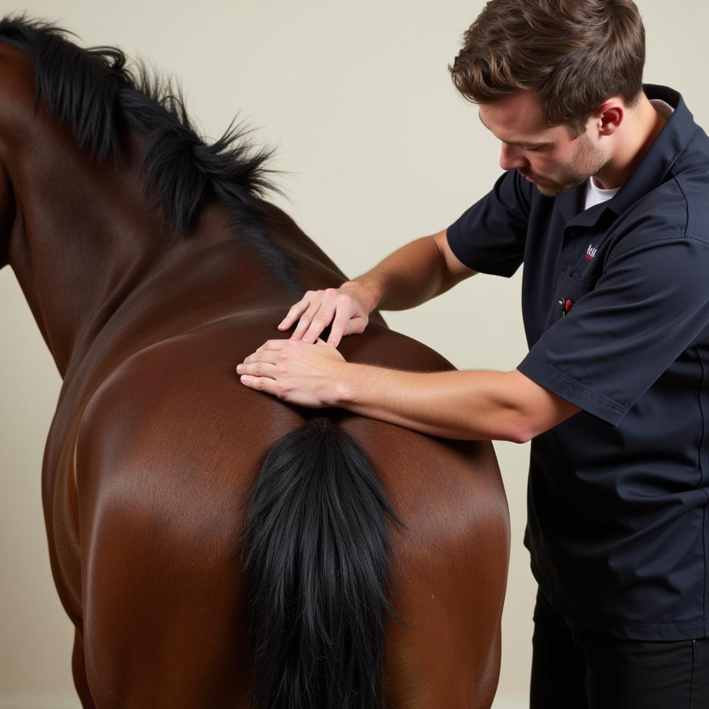 Horse undergoing chiropractic treatment for scoliosis.