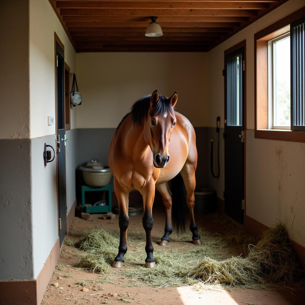 Horse recovering in a stable after treatment