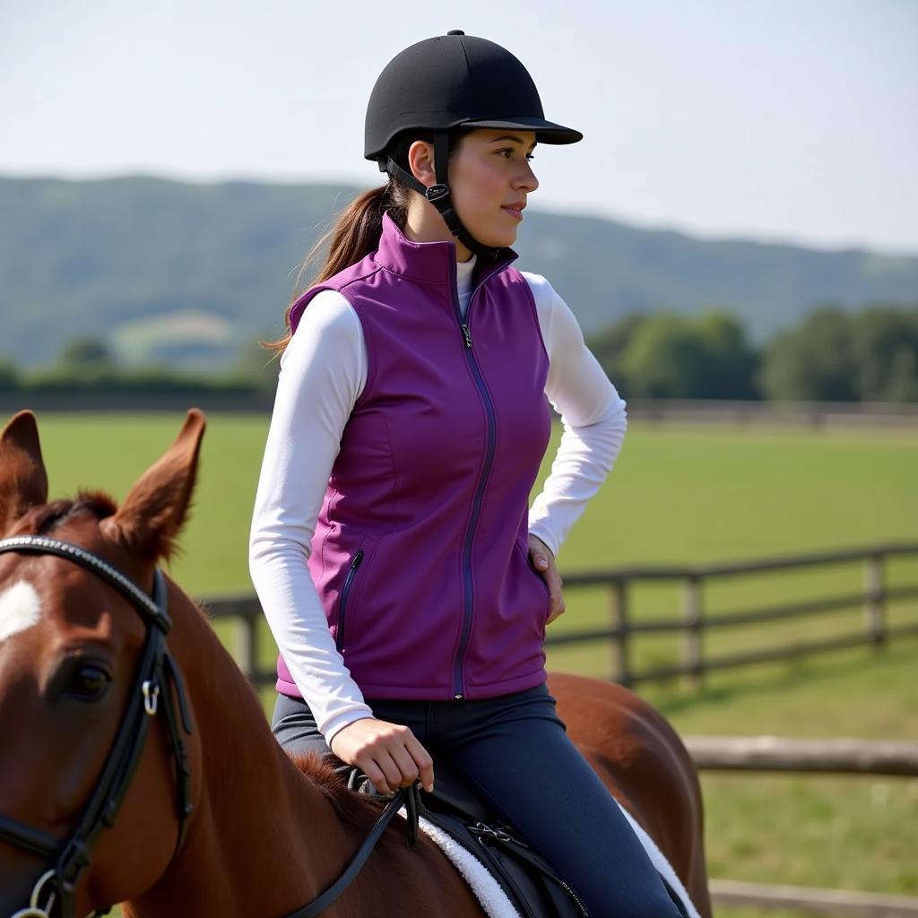 Rider wearing a horse riding gilet while riding