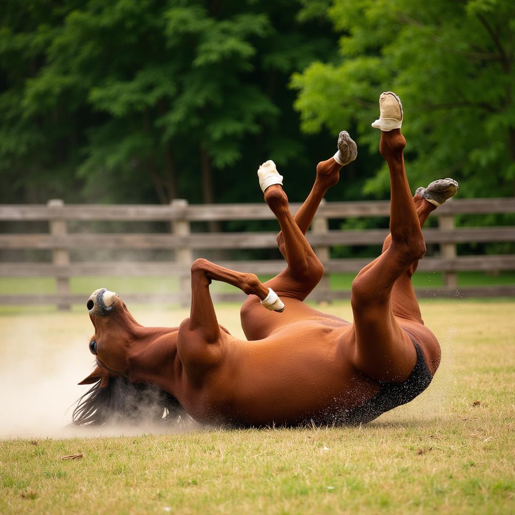 Horse happily rolling on the floor