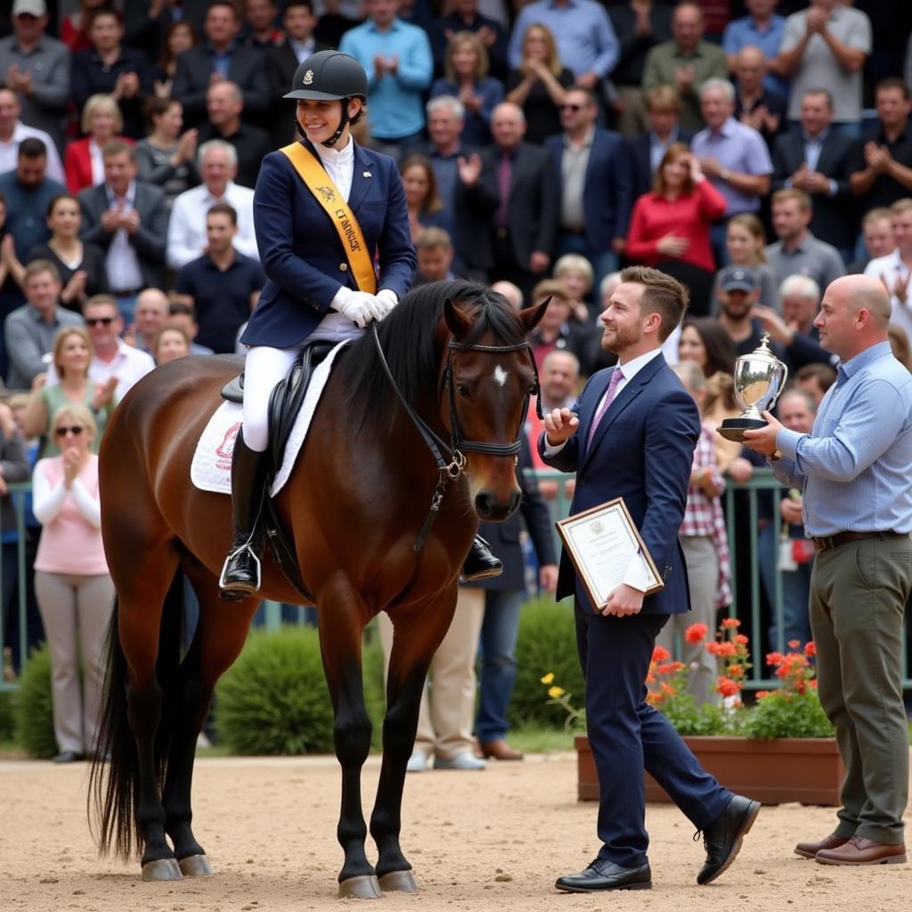 Horse Show Awards Ceremony: A horse and rider receiving a ribbon and trophy at an awards ceremony.