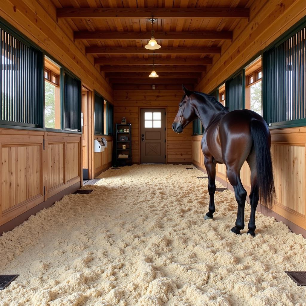 A horse stable with fresh bedding ready for the horse.