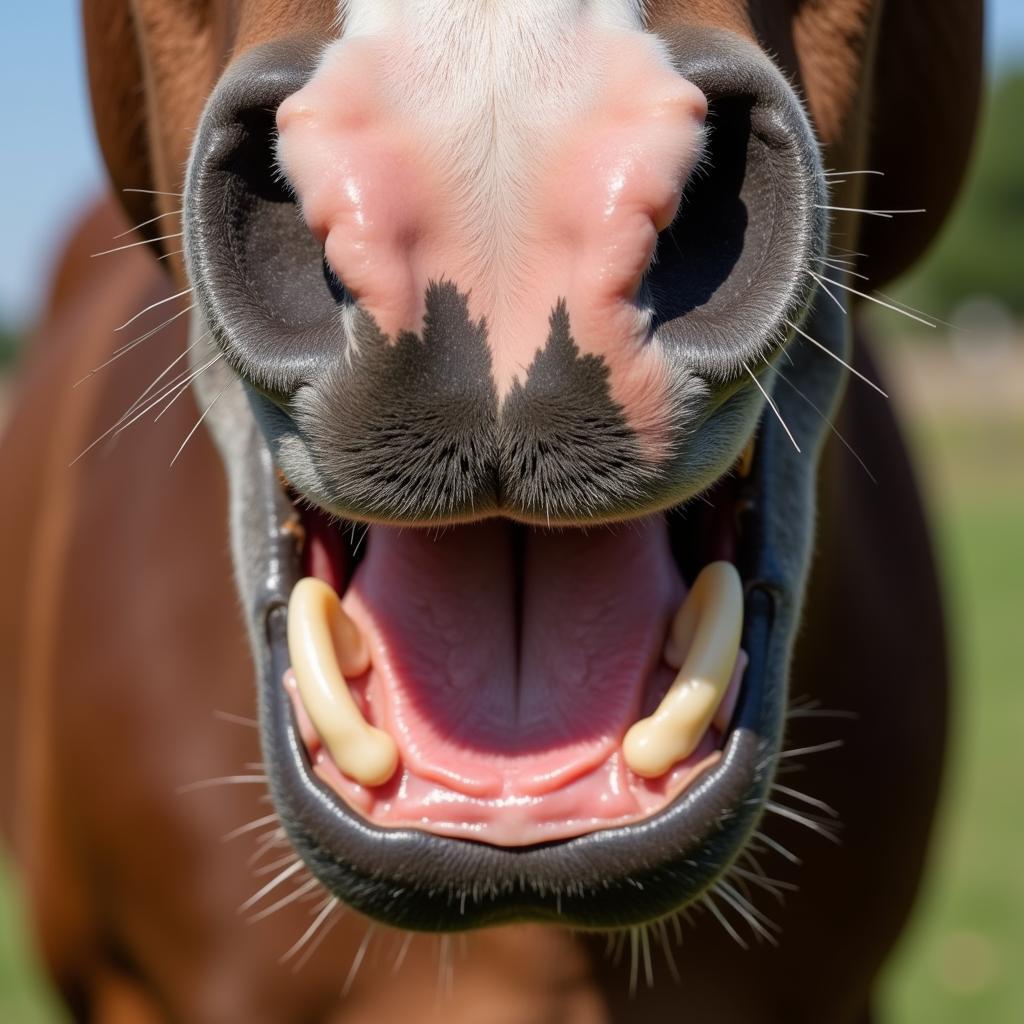 Horse with dental issues sticking its tongue out