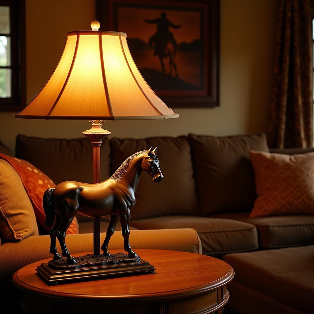 Horse table lamp illuminating a cozy living room