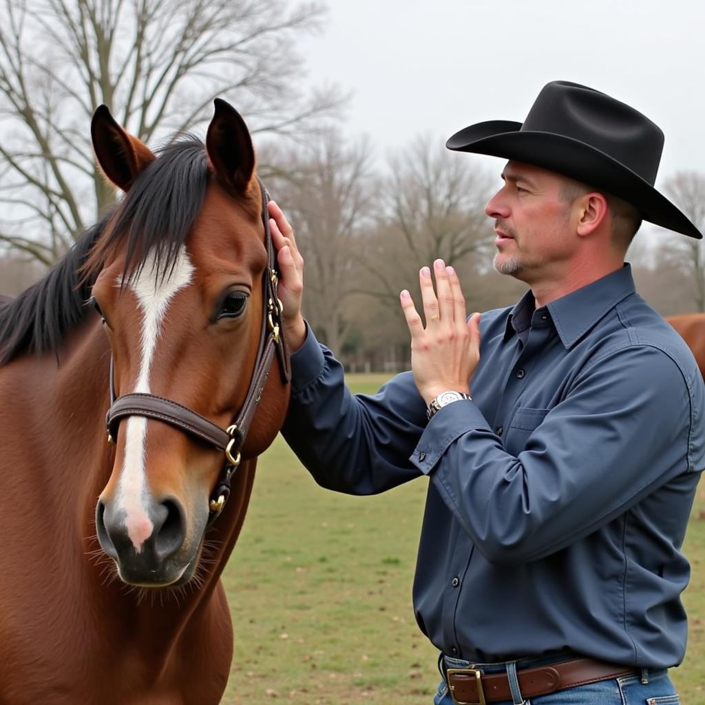 Horse trainer demonstrating patience and understanding with a horse