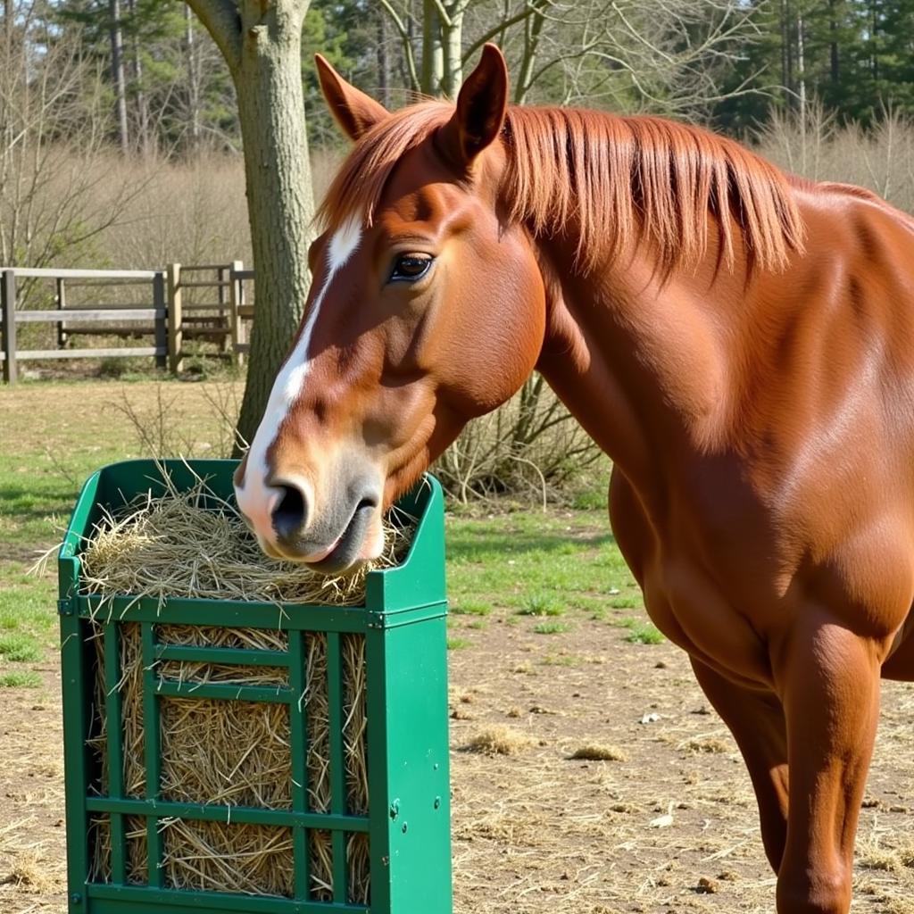 Horse happily using a slow feeder