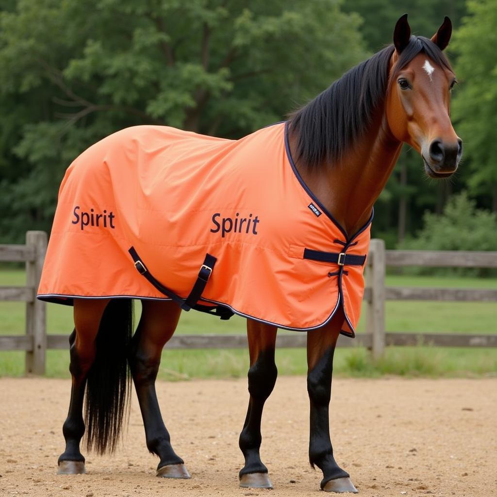 Horse wearing a blanket with a clearly visible name tag on the shoulder.