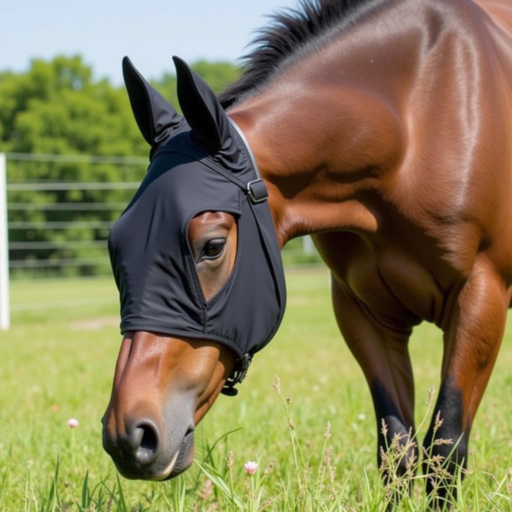 Horse Wearing a Fly Hood in Pasture