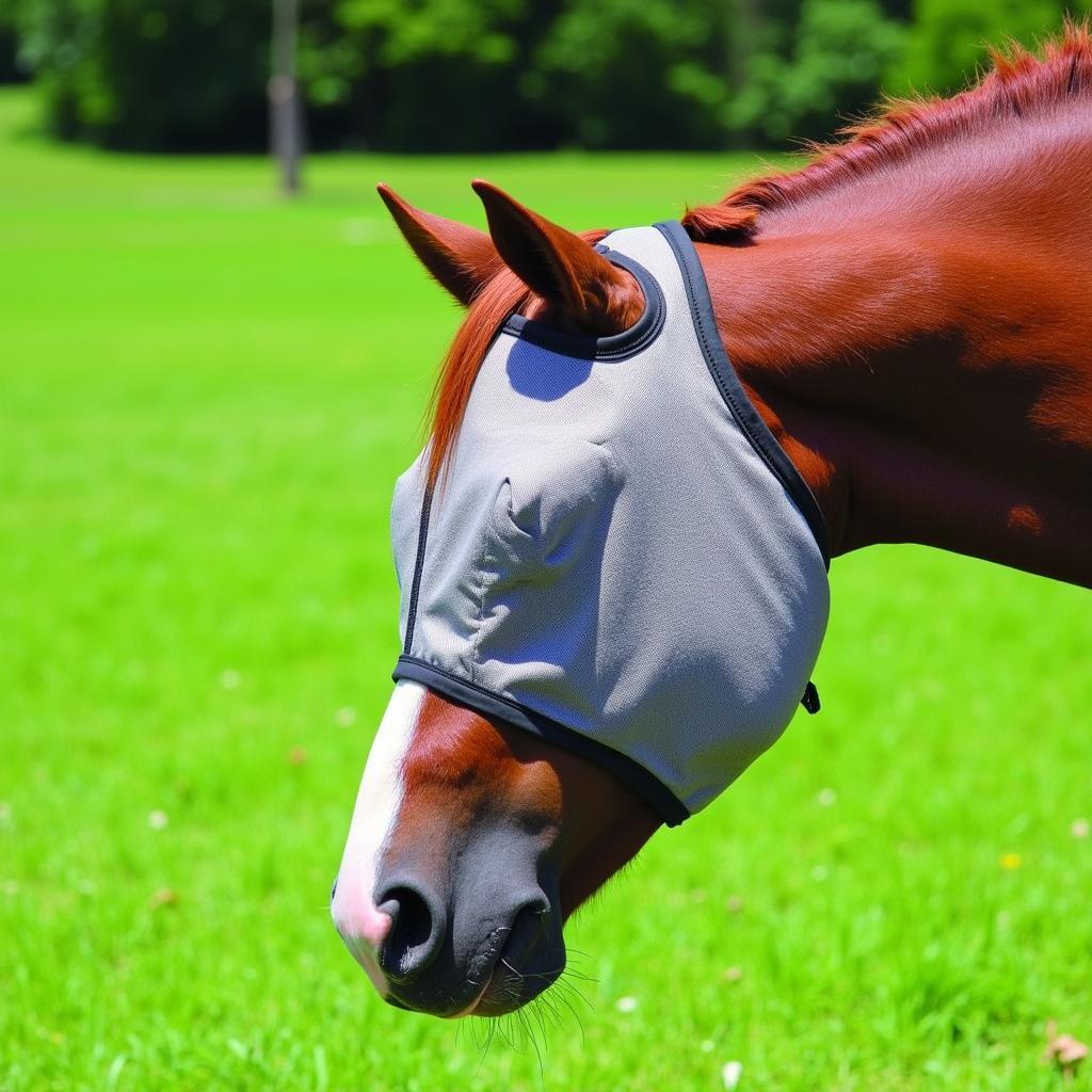 Horse Wearing a Fly Mask in the Pasture