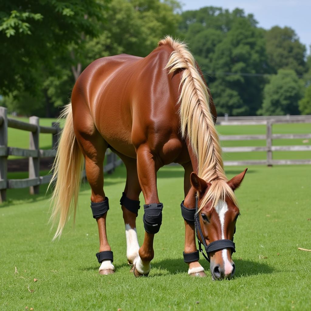 Horse Wearing Hobbles in Pasture