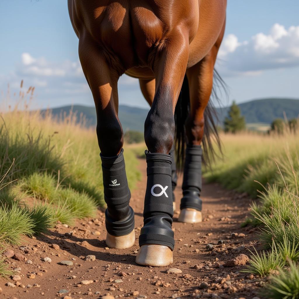 Horse Wearing Kombat Boots on a Trail