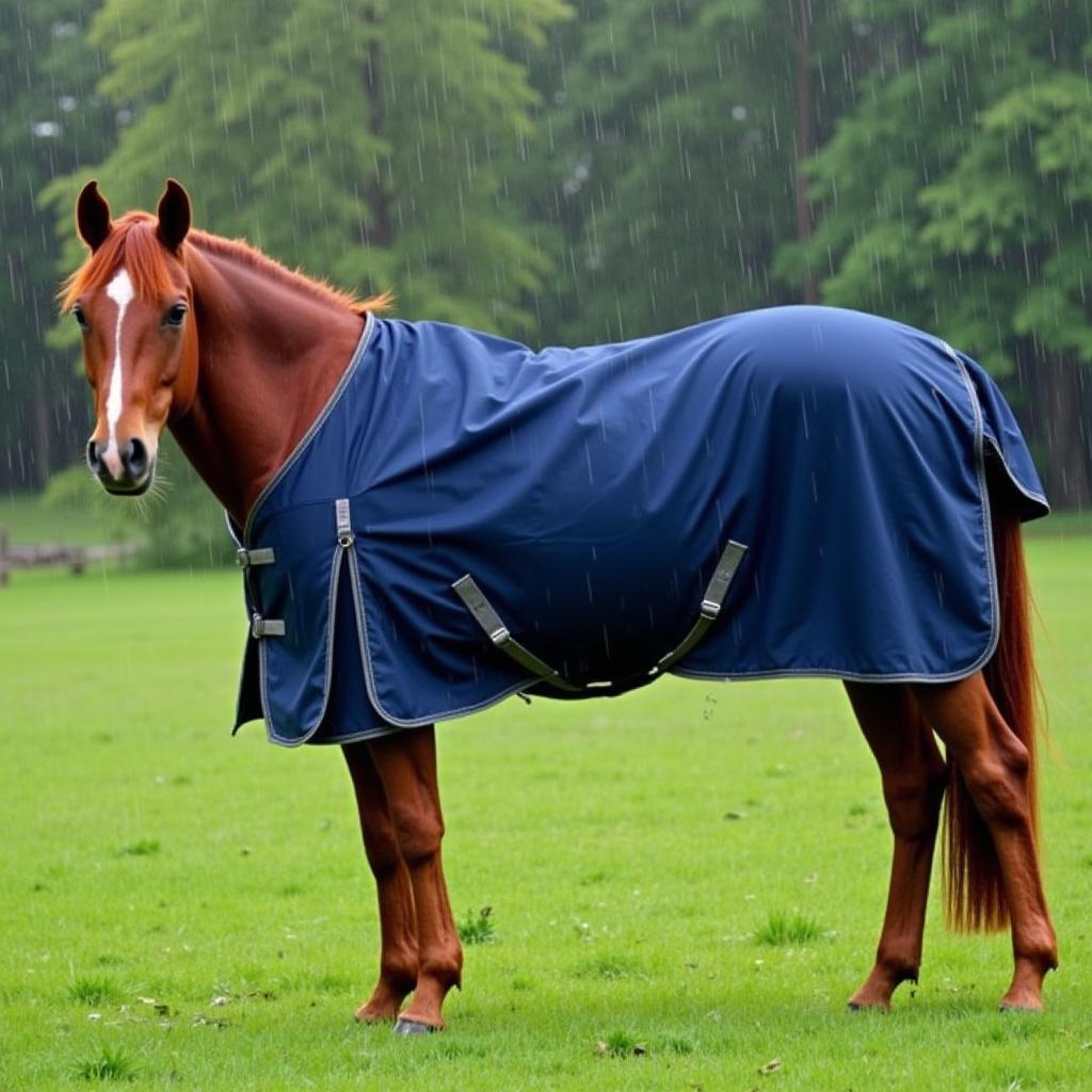 Horse Wearing Waterproof Blanket in Rain