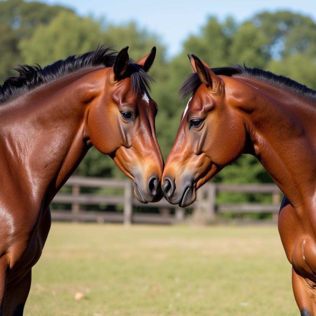 Horses engaging in mutual grooming