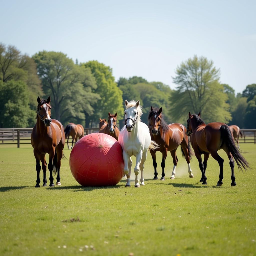 Horses Interacting with Jolly Mega Horse Ball in Paddock