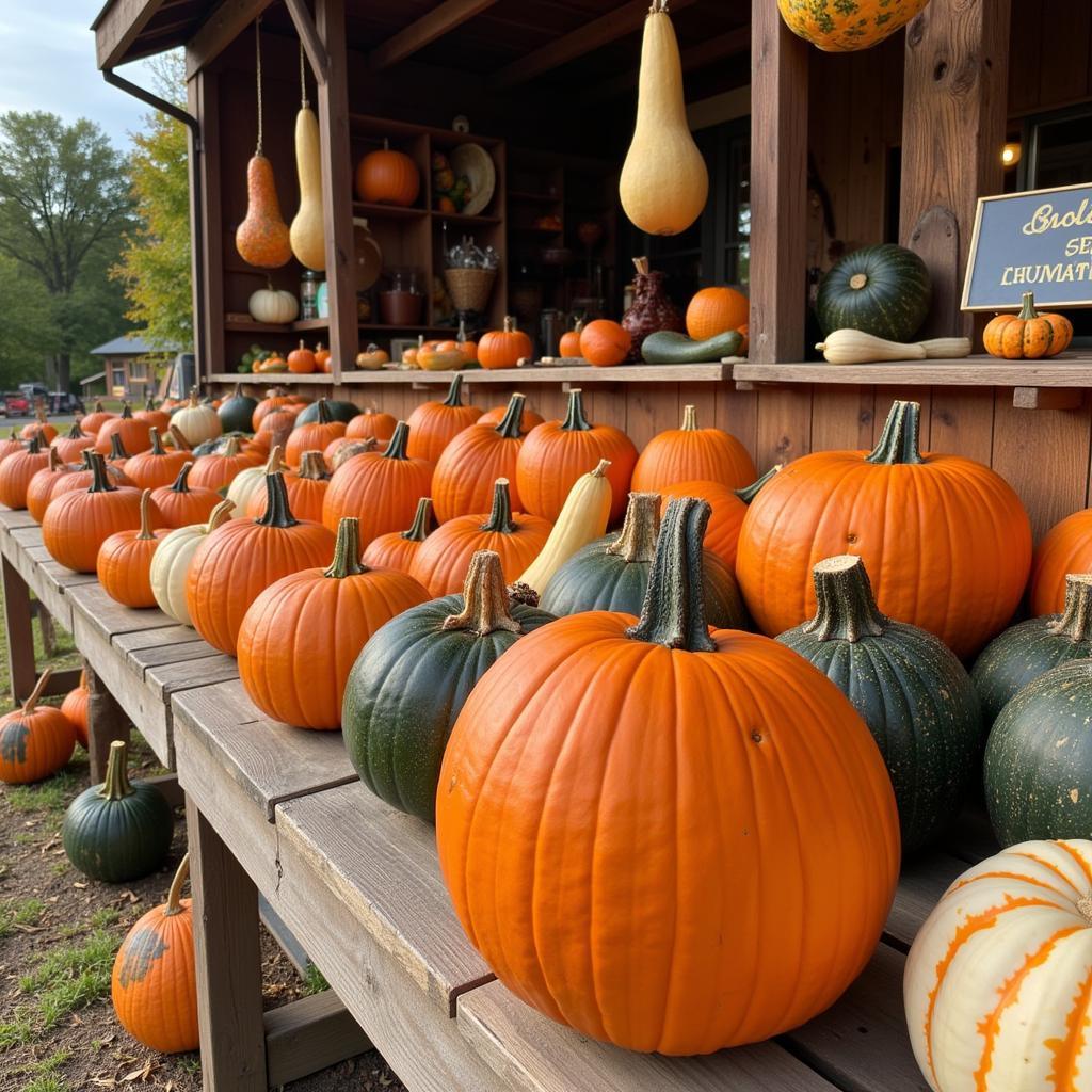 Horseshoe pumpkins displayed at a farm stand