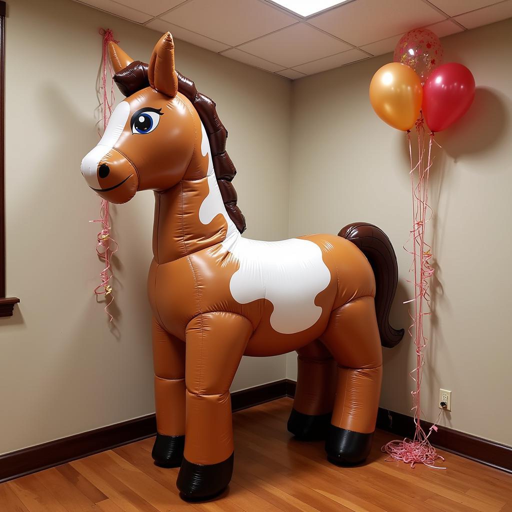 A large inflatable horse balloon adds a whimsical touch to a party.