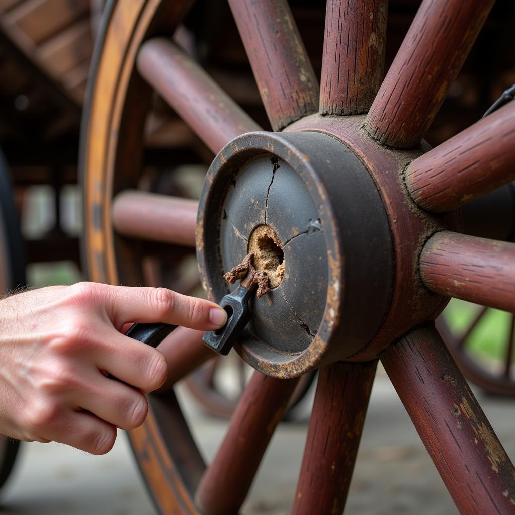 Inspecting Draft Horse Wagon Wheels