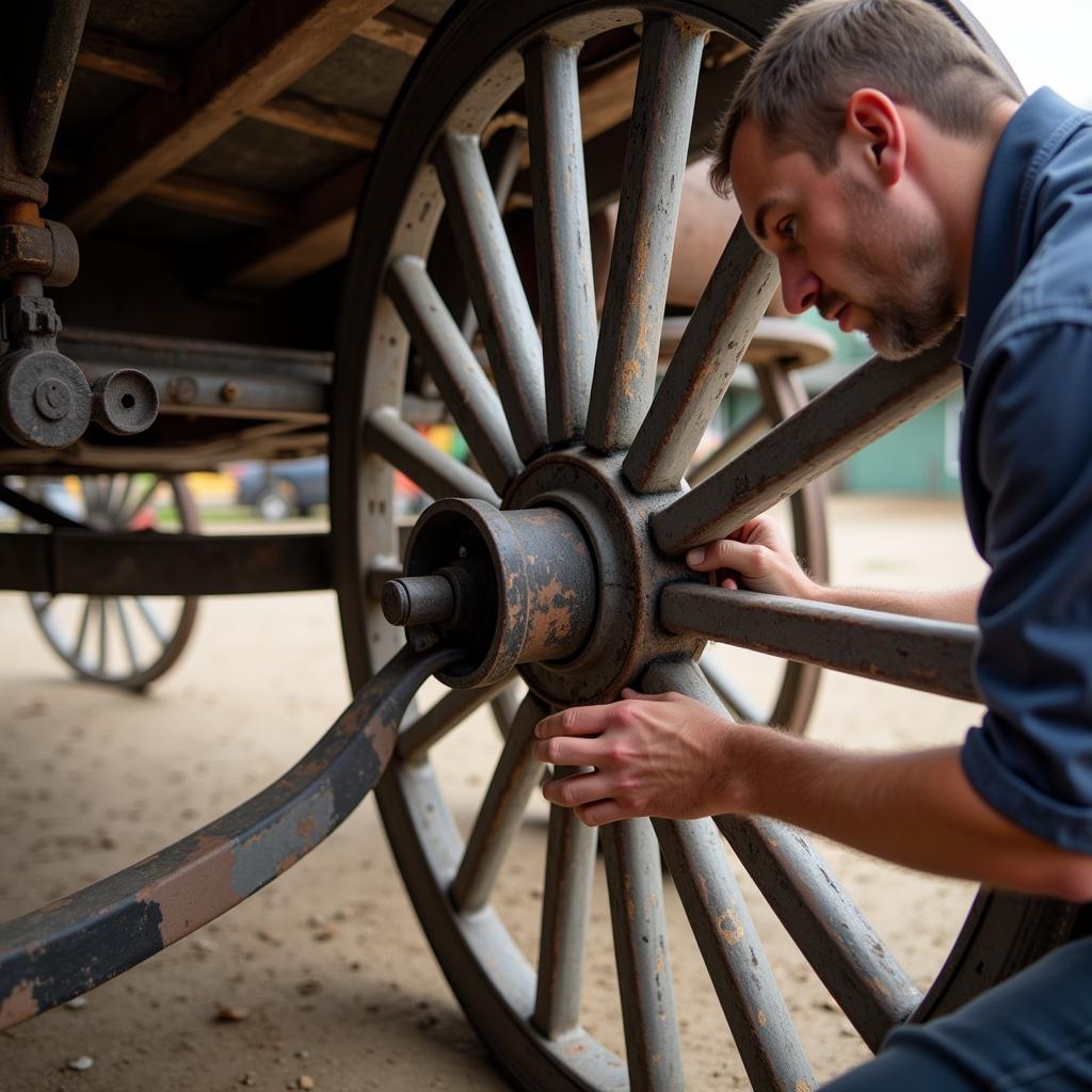 Inspecting Horse Cart Wheels