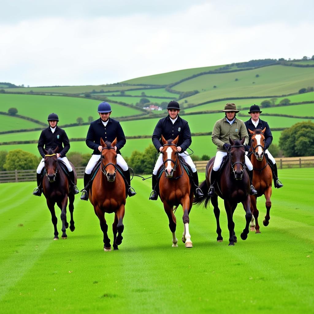 A picturesque scene of Irish horse hunting with riders in traditional attire galloping across a green field