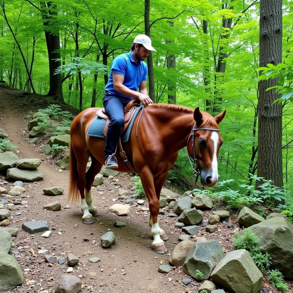 Kentucky Mountain Horse navigating a rugged mountain trail, demonstrating its surefootedness and stamina.