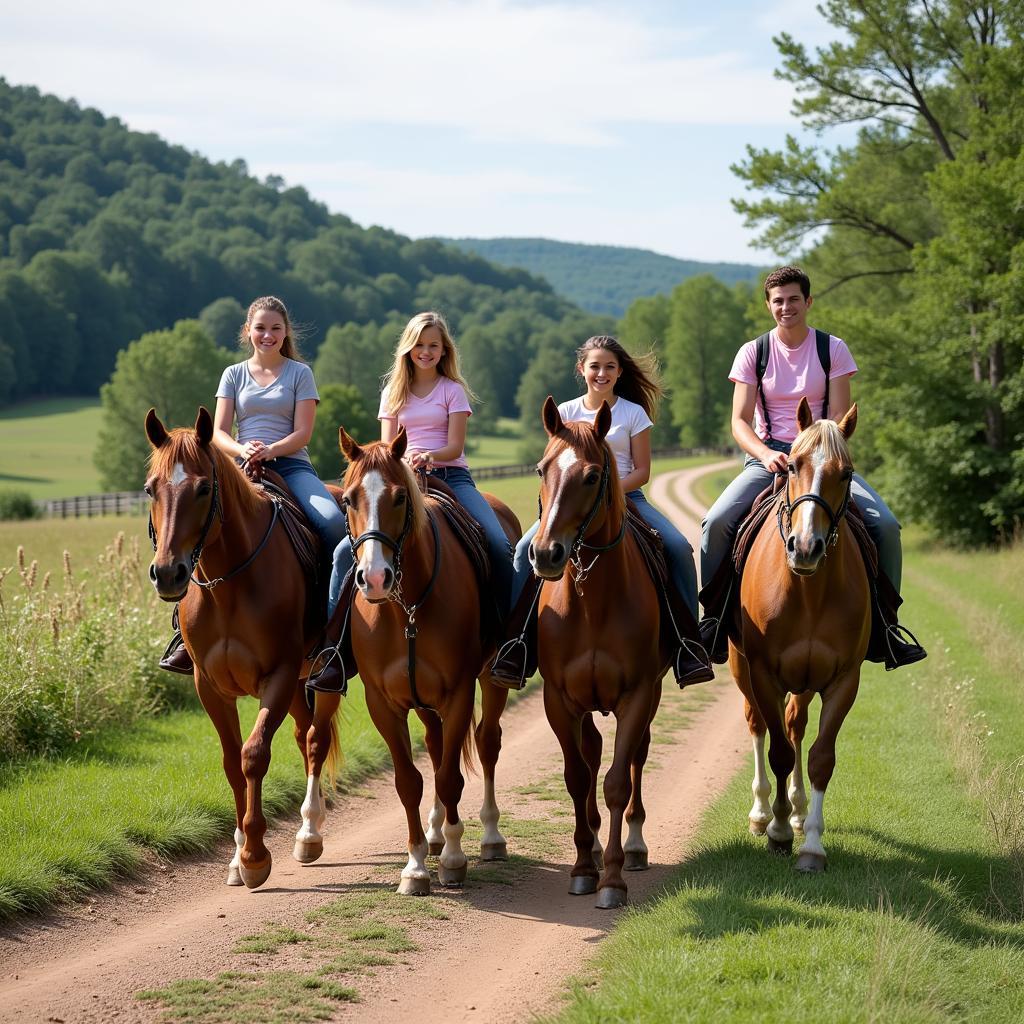 A family enjoying a leisurely ride on Kentucky Mountain Horses, highlighting their suitability as family horses.