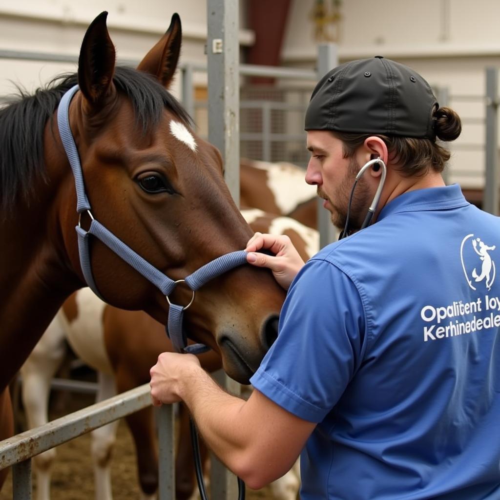 A veterinarian examining a horse at a kill pen in Washington to assess its health and suitability for adoption.