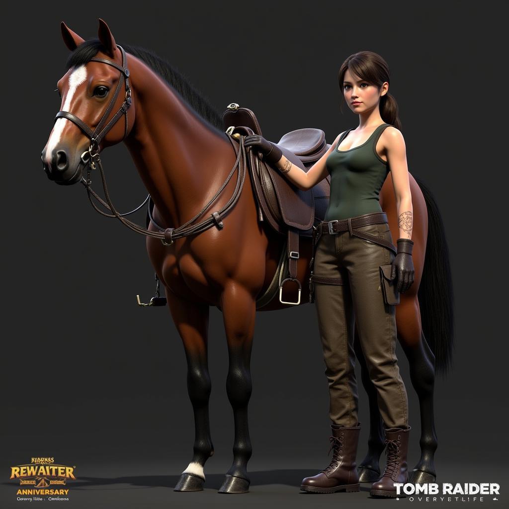 Lara Croft with her horse in Tomb Raider Anniversary, 3D render