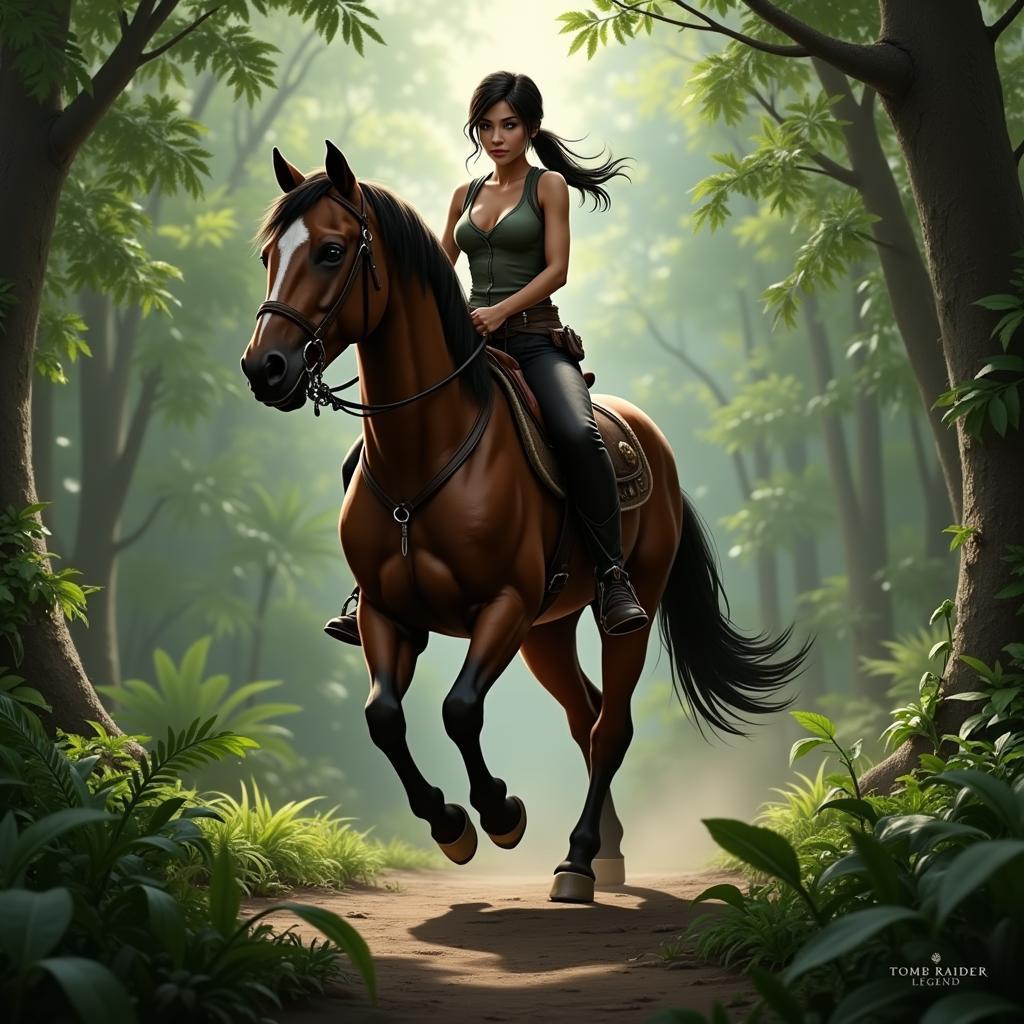 Lara Croft riding a horse in Tomb Raider Legend