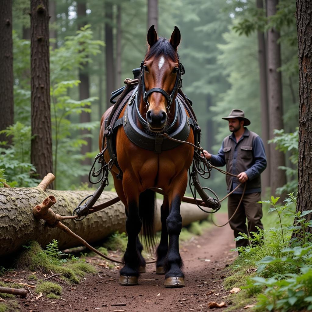 Lee the Horse Logger working diligently in a forest, pulling a large log with ropes and harness.