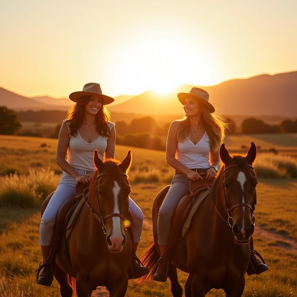 Lesbian couple enjoys a horseback ride through a scenic landscape