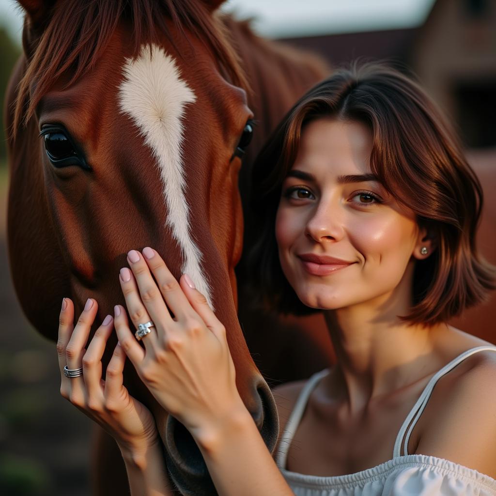 Lesbian woman gently brushing her horse