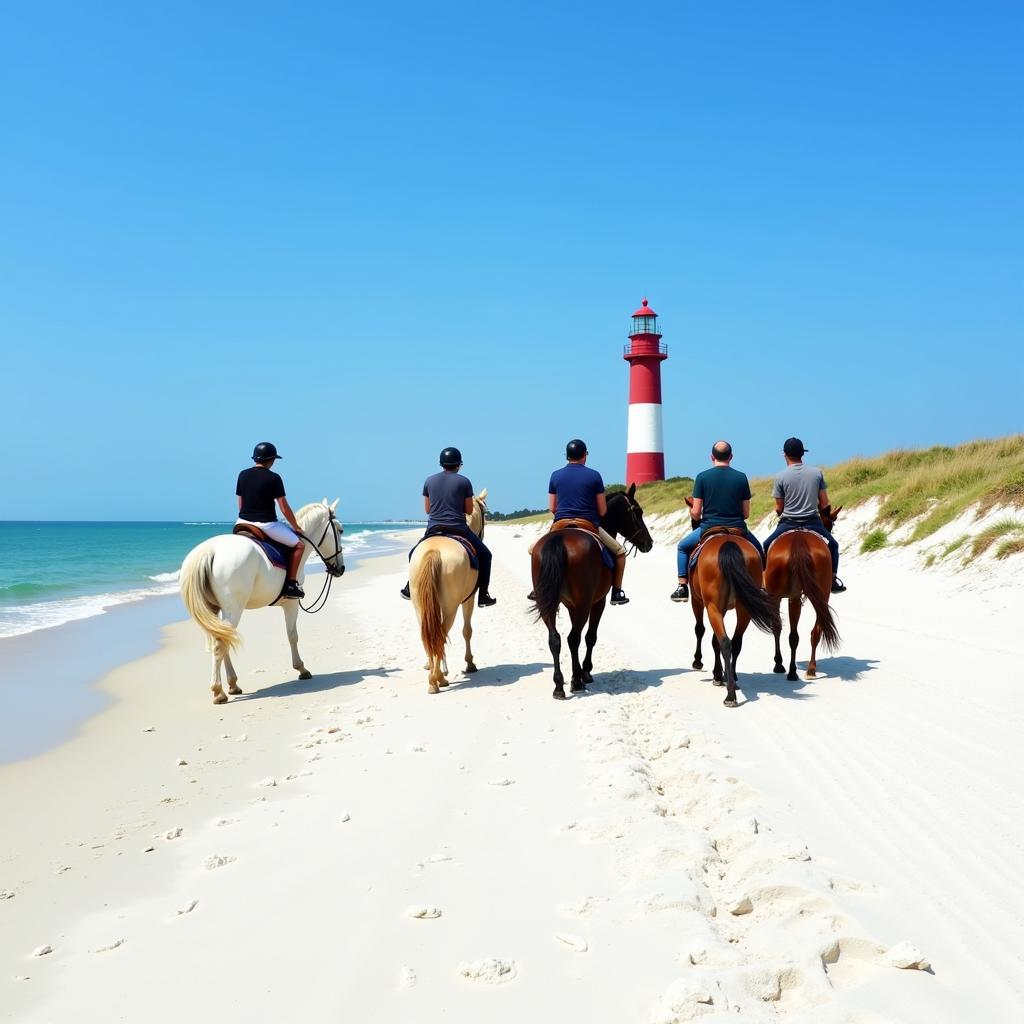 Horse riding along the coast with a lighthouse in the background