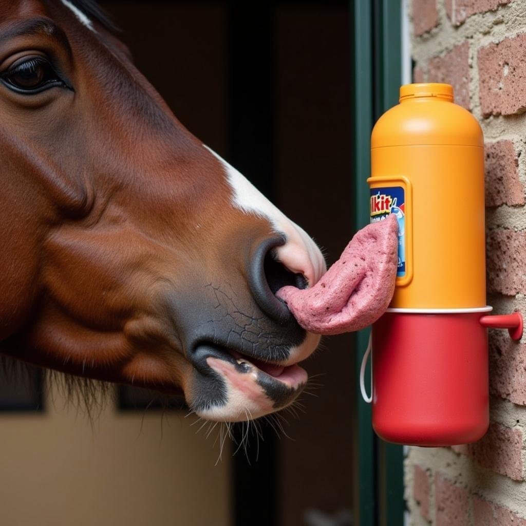 A horse licking a Likit treat from a holder.