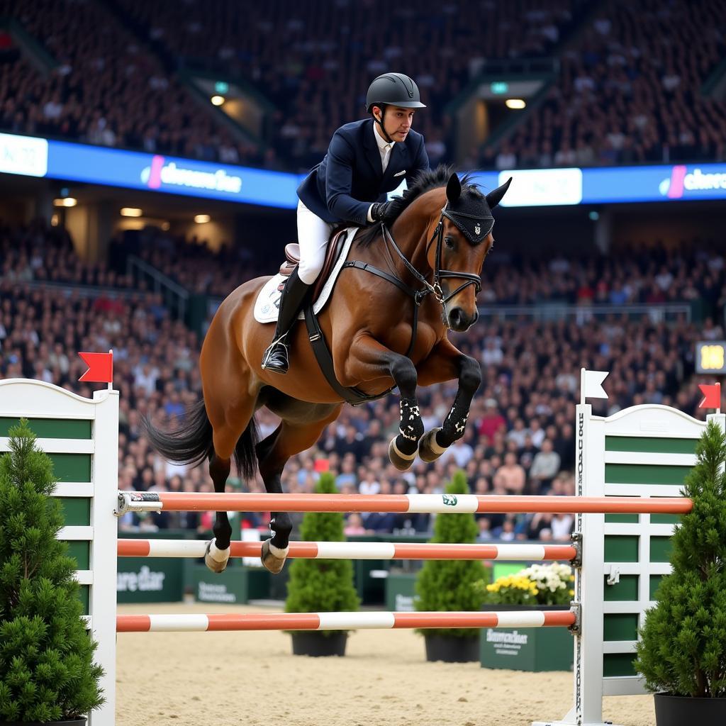 London 52 horse competing in a show jumping event