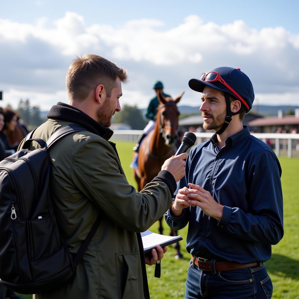 A journalist interviewing a jockey after a race